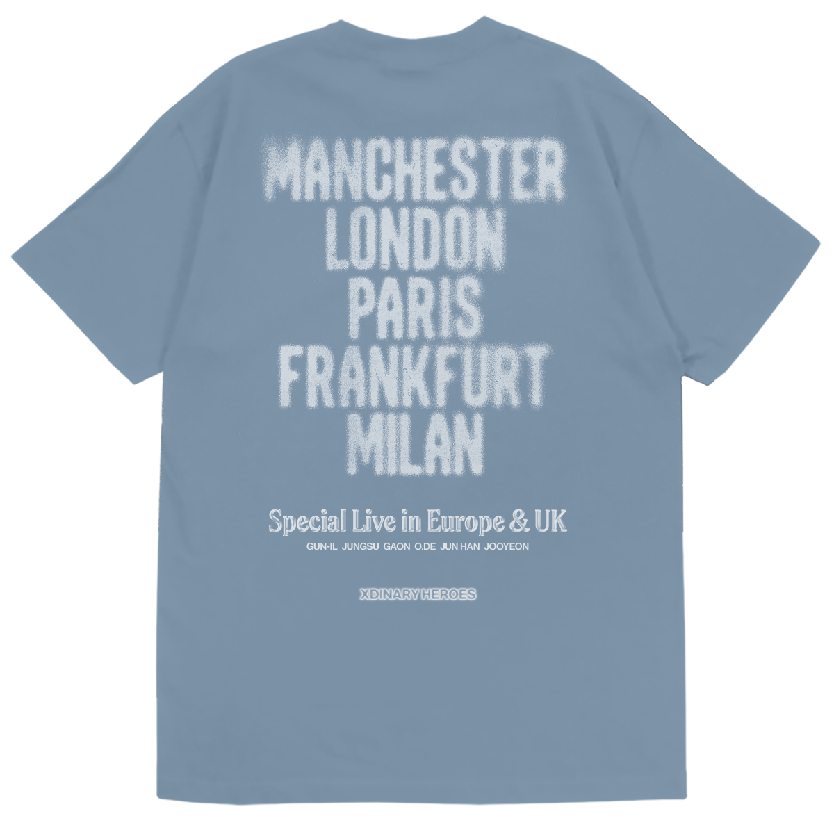 Blue t-shirt with white text listing cities and event details on a white background