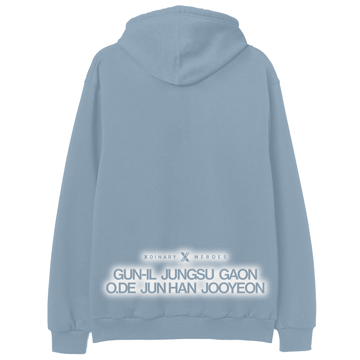 Light blue hoodie with text on the back against a white background