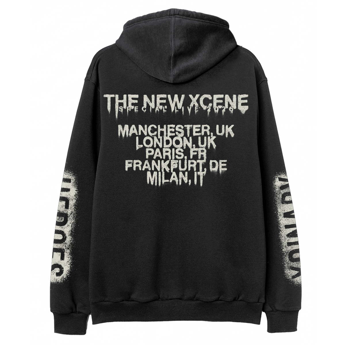 Black hoodie with white text on the back and sleeves