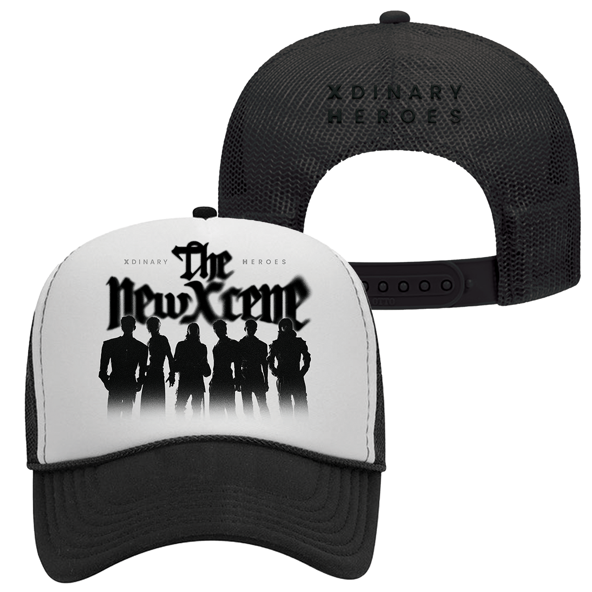 Black and white cap with 'The New Scene' design and 'X ordinary Heroes' text on a white background