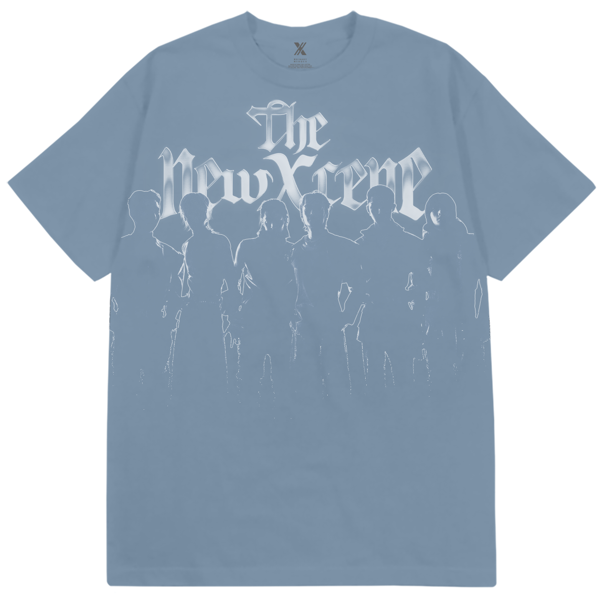 Blue t-shirt with 'The New Crime' graphic design on a white background