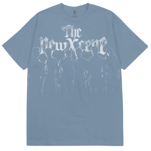 Blue t-shirt with 'The New Crime' graphic design on a white background