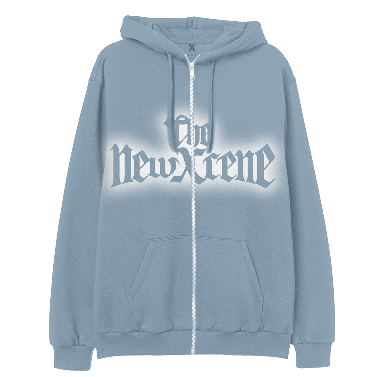 Blue hoodie with 'The Newreme' logo on a white background