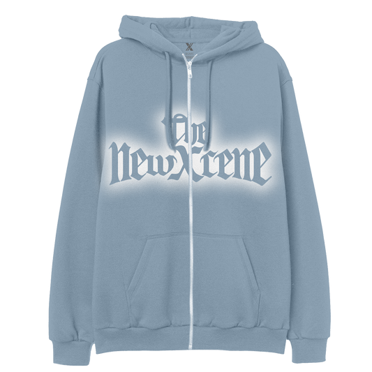 Blue hoodie with 'The Newreme' logo on a white background