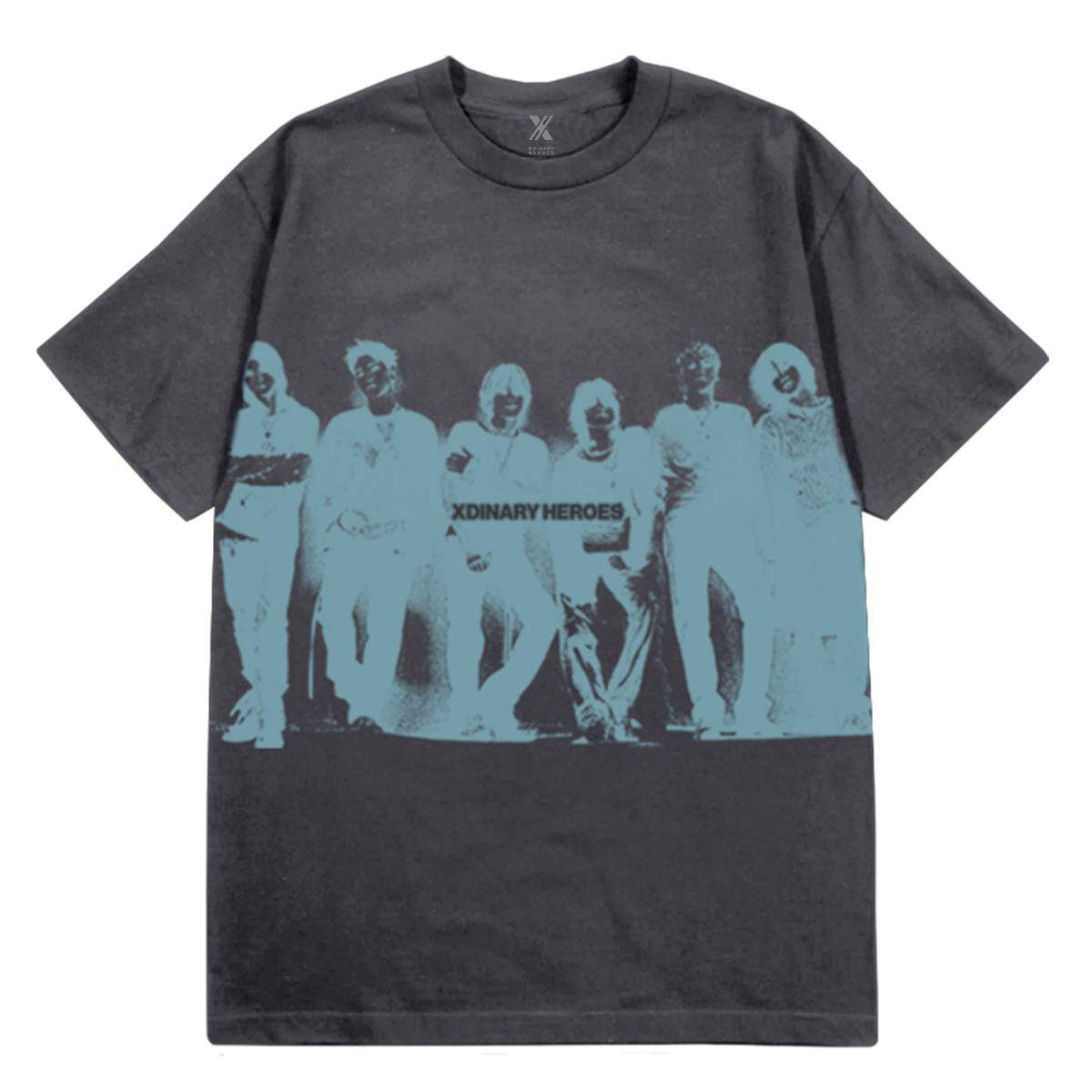 Black t-shirt with graphic design of six figures in teal on a white background