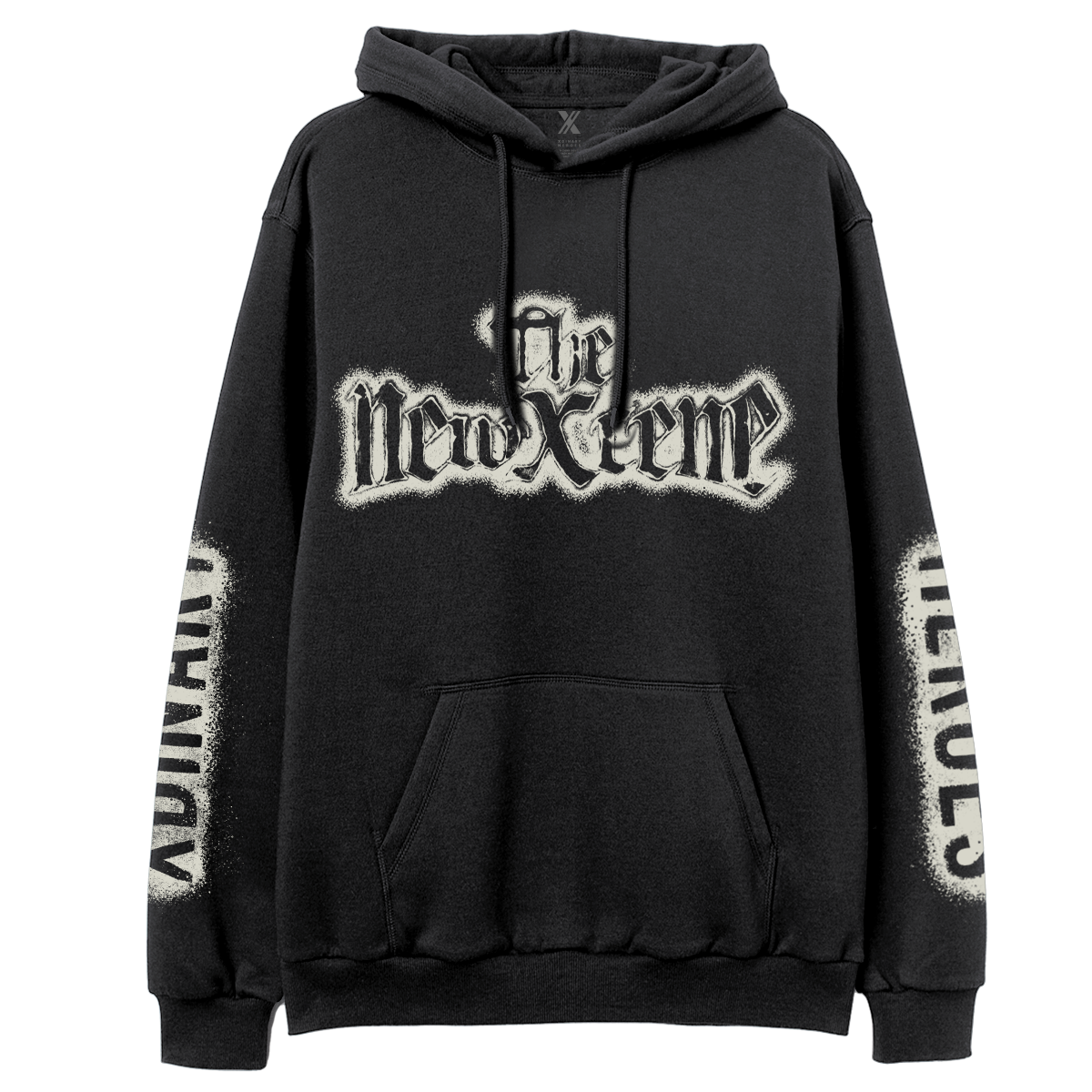 Black hoodie with 'The New Extreme' text on a white background
