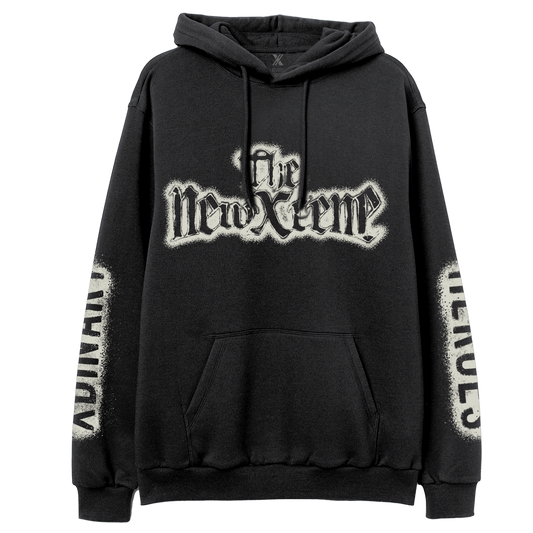 Black hoodie with 'The New Extreme' text on a white background