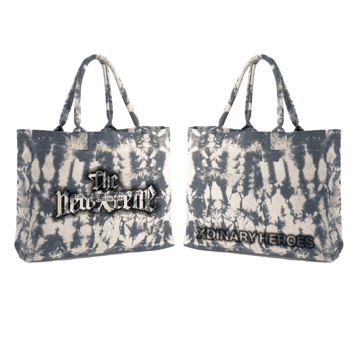 Two tie-dye tote bags with text on a white background